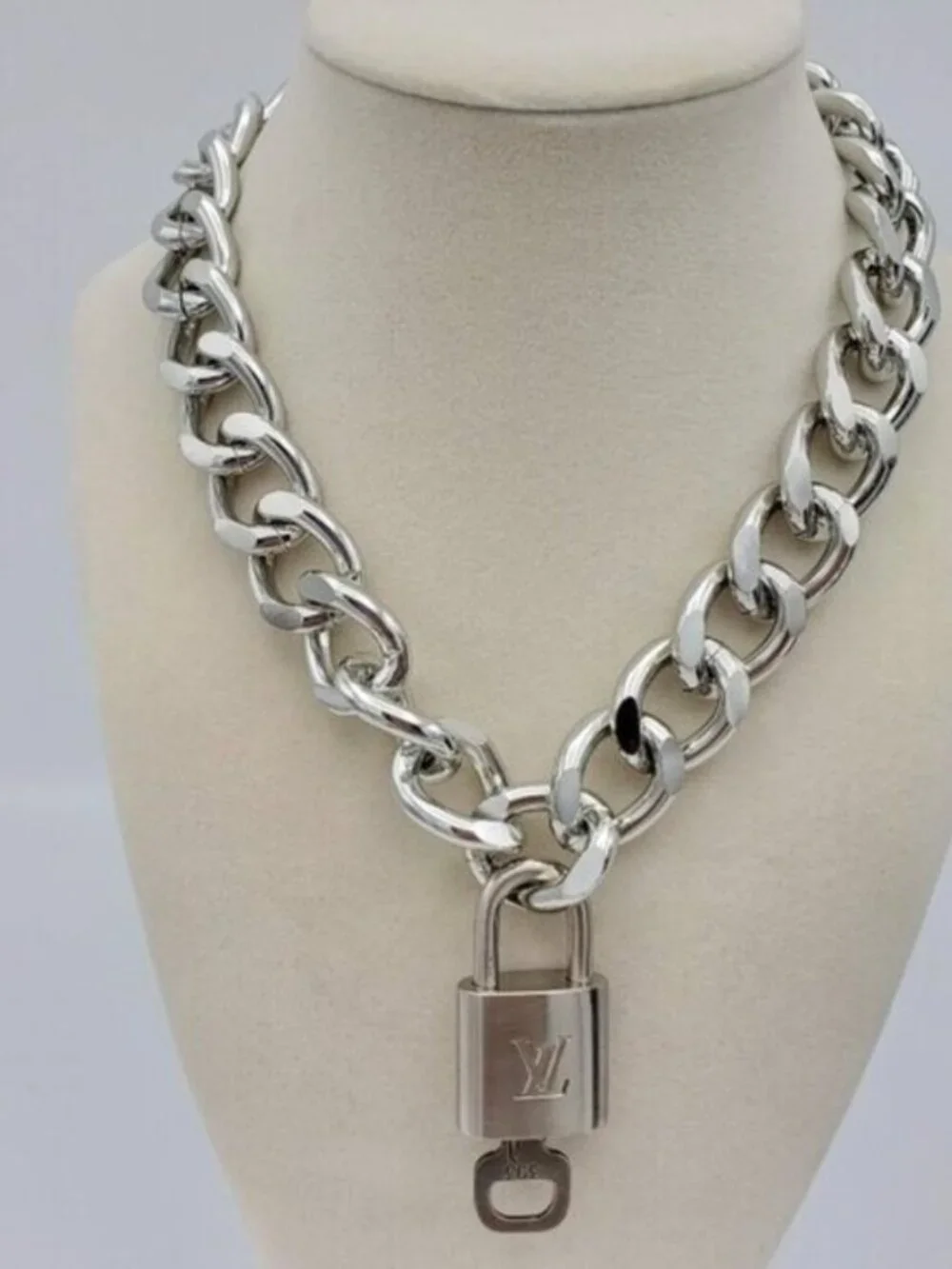 Authentic Louis Vuitton Padlock w/Unbranded Stainless Steel Plated Silver Chain